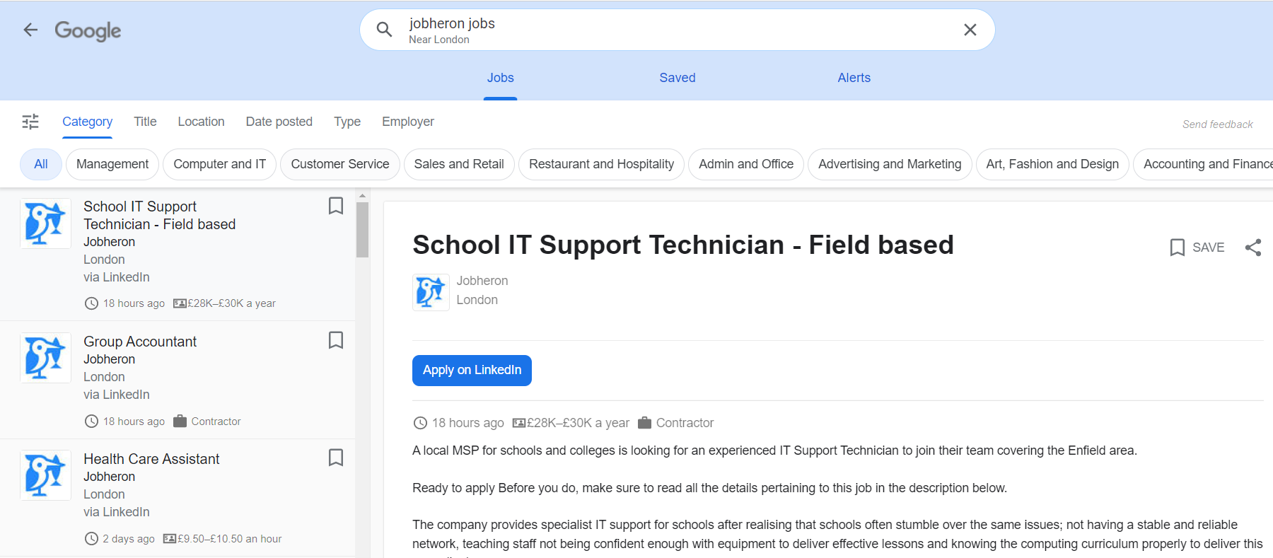Snippet of GoogleJobs' user dashboard where you can search for and upload job posts for free. 