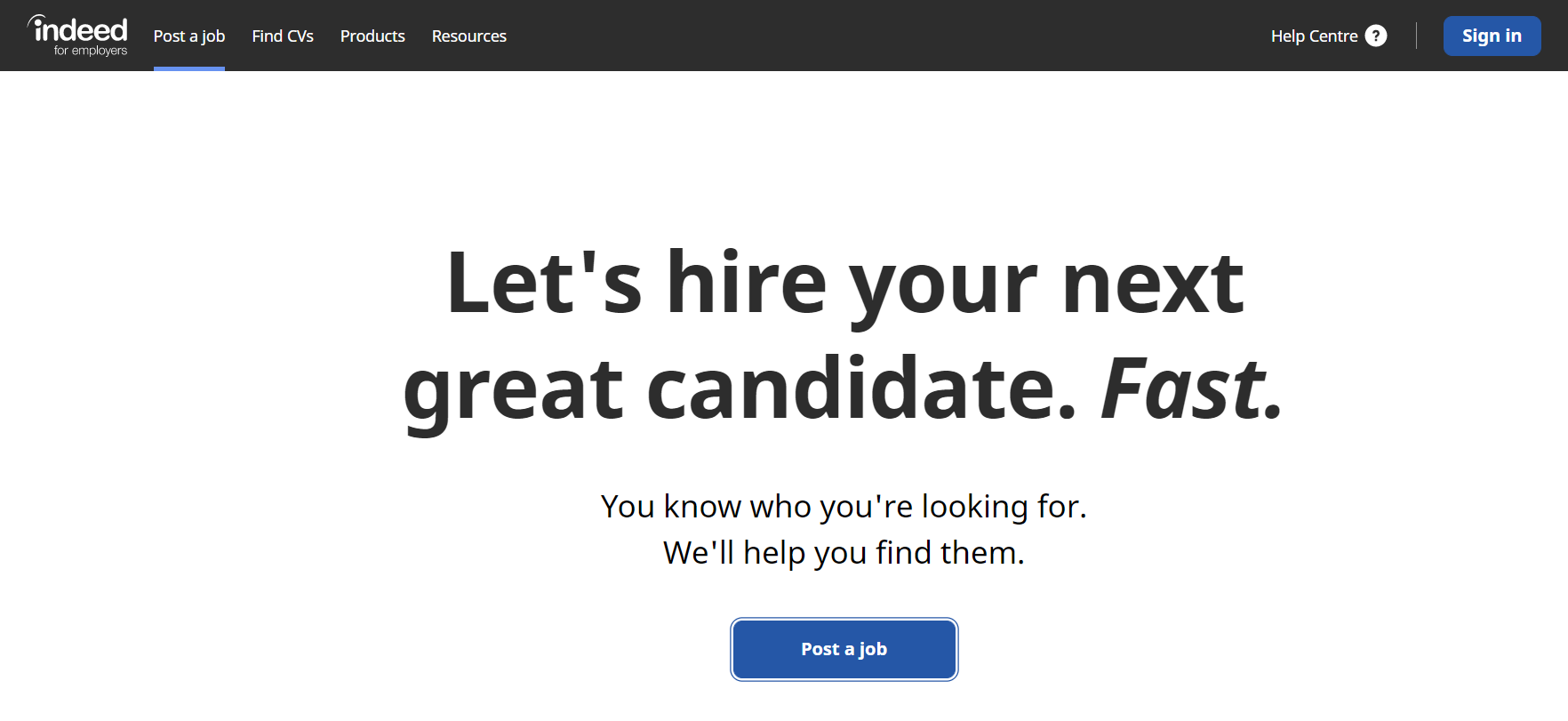 Interface for indeed job board for employers where you can upload a job listing for free